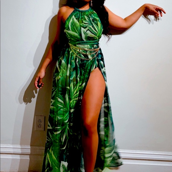 Tropical green high slit halter dress (Jade lover girl dress)